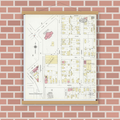 Old map wall art mockup — magnetic wood frame on brick wall — Sanborn Fire Insurance Map from Greenville, Darke County, Ohio (1910), Sheet #0013