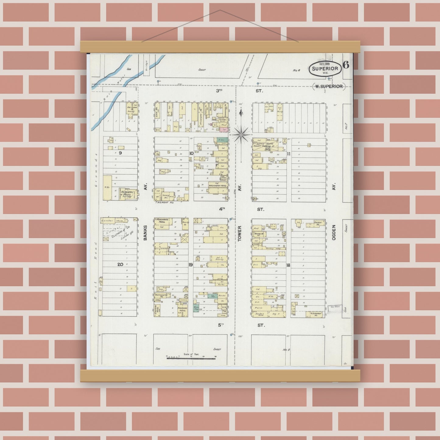 Old map wall art mockup — magnetic wood frame on brick wall — Sanborn Fire Insurance Map from Superior, Douglas County, Wisconsin (1889), Sheet #0006