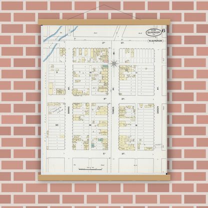 Old map wall art mockup — magnetic wood frame on brick wall — Sanborn Fire Insurance Map from Superior, Douglas County, Wisconsin (1889), Sheet #0006