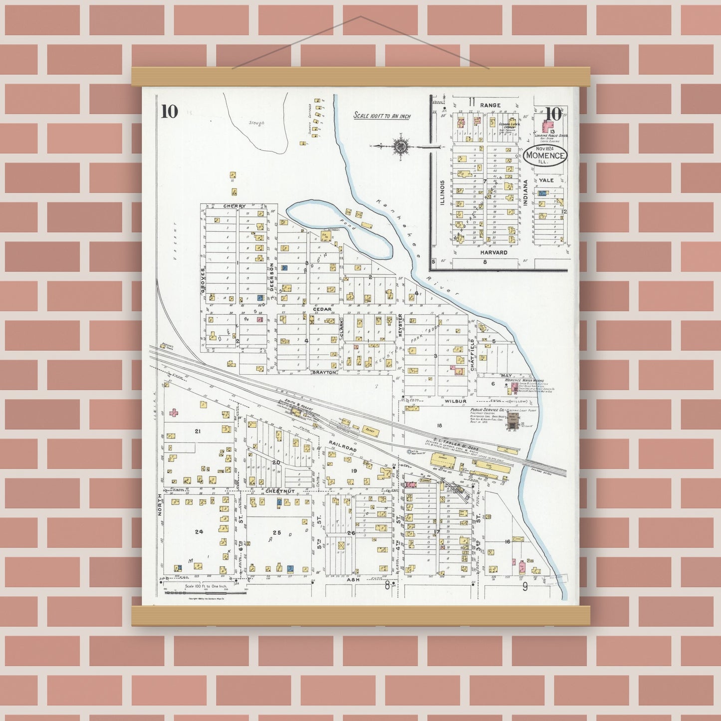 Old map wall art mockup — magnetic wood frame on brick wall — Sanborn Fire Insurance Map from Momence, Kankakee County, Illinois (1924), Sheet #0010