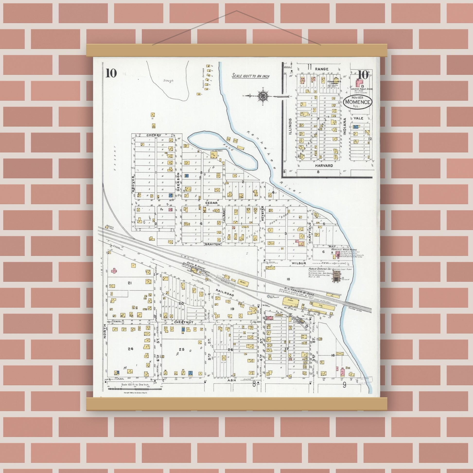 Old map wall art mockup — magnetic wood frame on brick wall — Sanborn Fire Insurance Map from Momence, Kankakee County, Illinois (1924), Sheet #0010