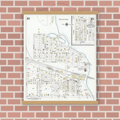 Old map wall art mockup — magnetic wood frame on brick wall — Sanborn Fire Insurance Map from Momence, Kankakee County, Illinois (1924), Sheet #0010