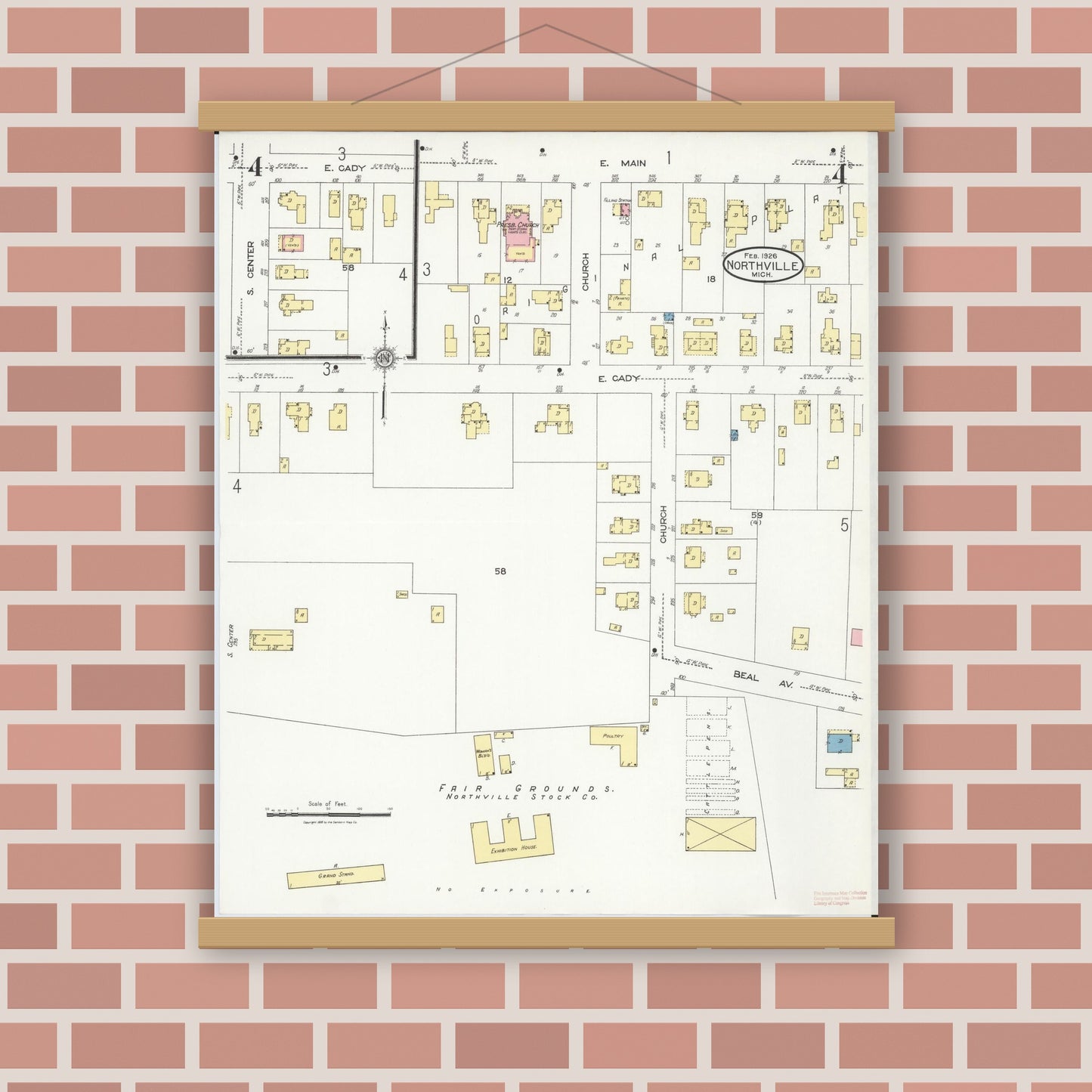 Old map wall art mockup — magnetic wood frame on brick wall — Sanborn Fire Insurance Map from Northville, Wayne County, Michigan (1926), Sheet #0004