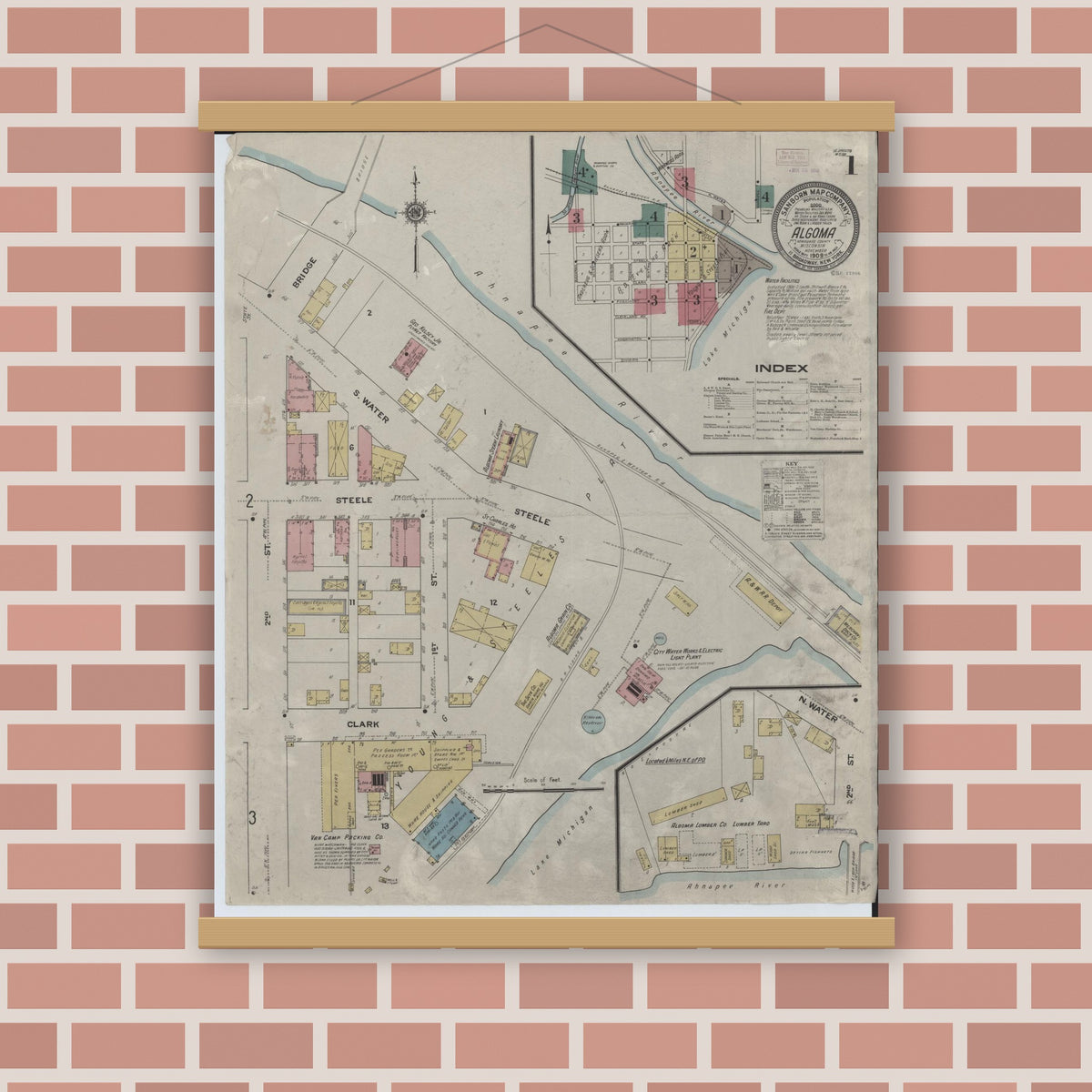 Old map wall art mockup — magnetic wood frame on brick wall — Sanborn Fire Insurance Map from Algoma, Kewaunee County, Wisconsin (1909) - Complete Map Set