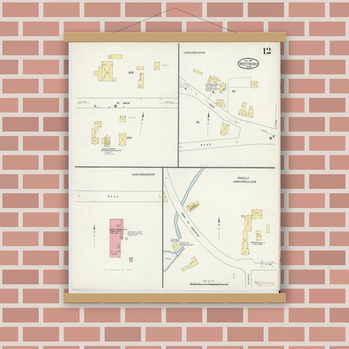 Old map wall art mockup — magnetic wood frame on brick wall — Sanborn Fire Insurance Map from Westboro, Worcester County, Massachusetts (1913), Sheet #0012