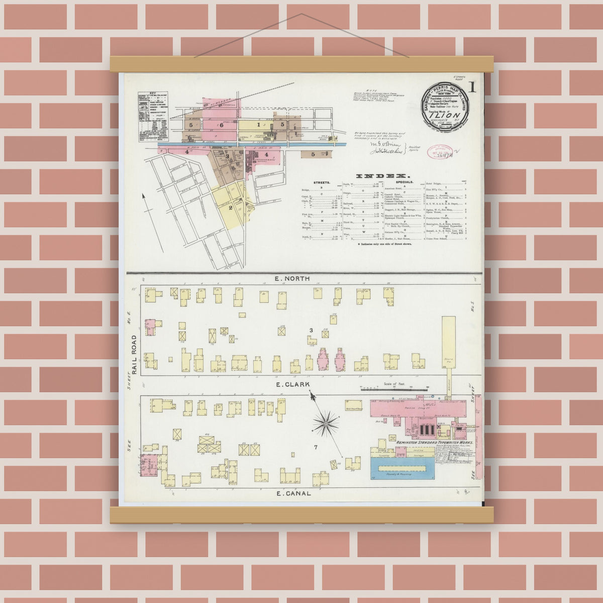 Old map wall art mockup — magnetic wood frame on brick wall — Sanborn Fire Insurance Map from Ilion, Herkimer County, New York (1891) - Complete Map Set