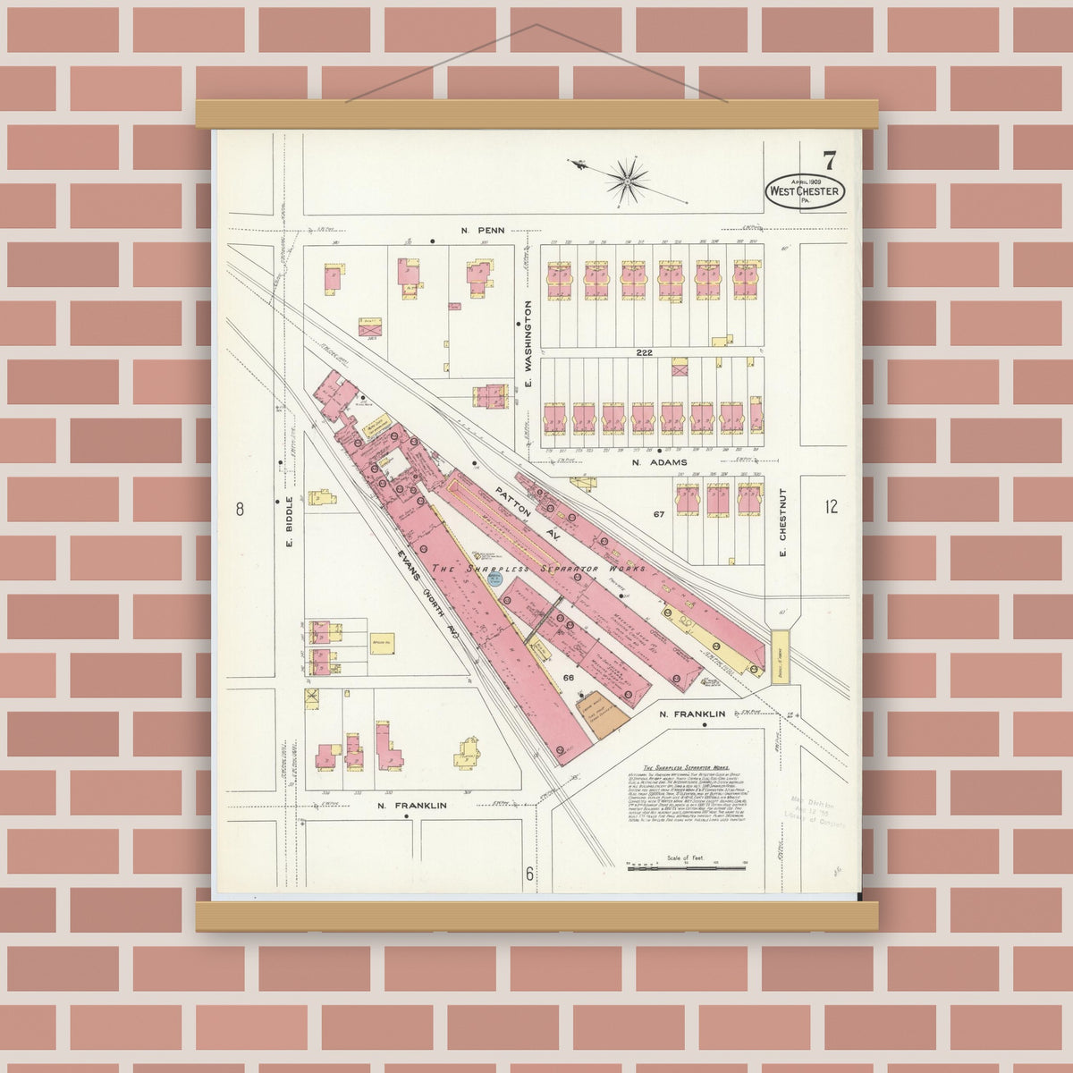 Old map wall art mockup — magnetic wood frame on brick wall — Sanborn Fire Insurance Map from West Chester, Chester County, Pennsylvania (1909), Sheet #0007