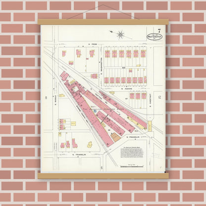 Old map wall art mockup — magnetic wood frame on brick wall — Sanborn Fire Insurance Map from West Chester, Chester County, Pennsylvania (1909), Sheet #0007