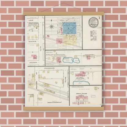 Old map wall art mockup — magnetic wood frame on brick wall — Sanborn Fire Insurance Map from Mexico, Audrain County, Missouri (1885), Sheet #0001