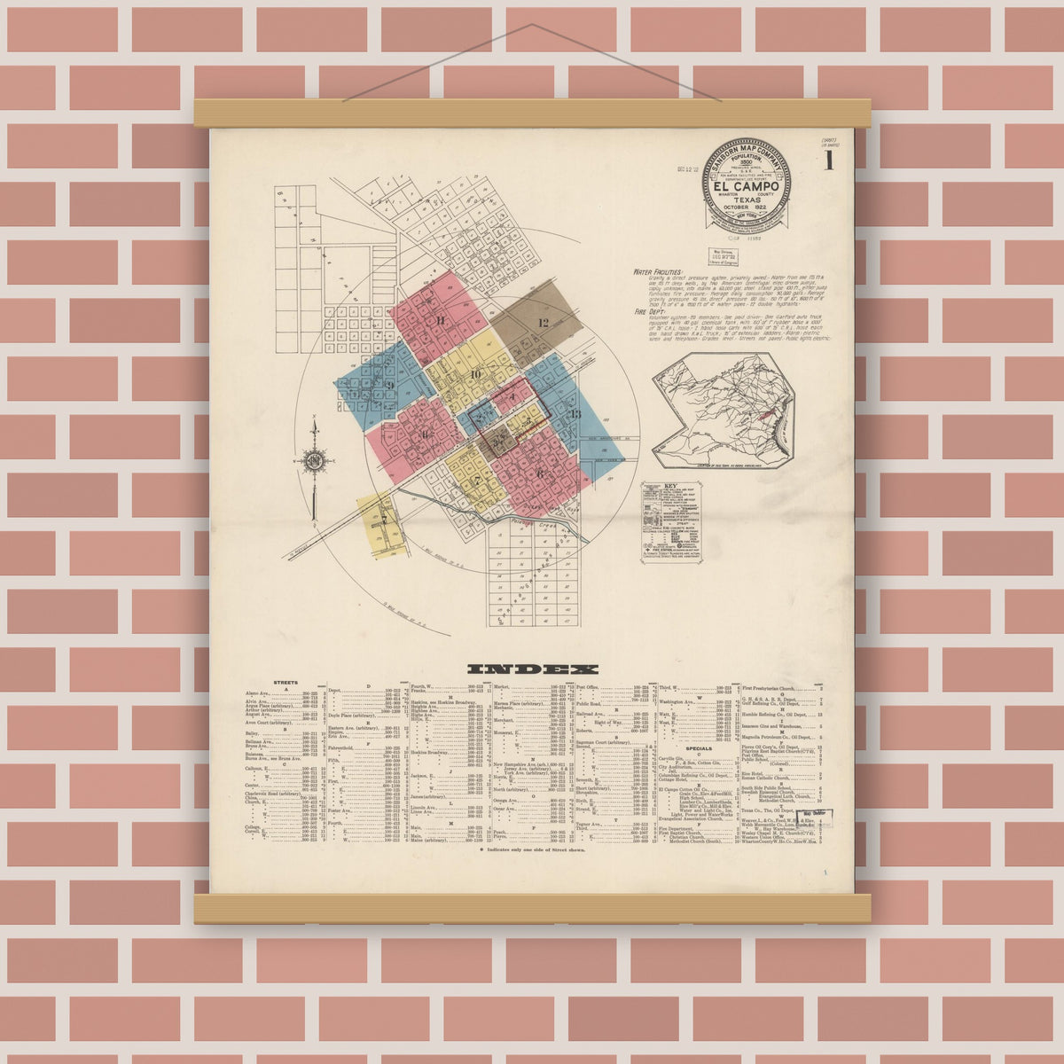 Old map wall art mockup — magnetic wood frame on brick wall — Sanborn Fire Insurance Map from El Campo, Wharton County, Texas (1922), Sheet #0001