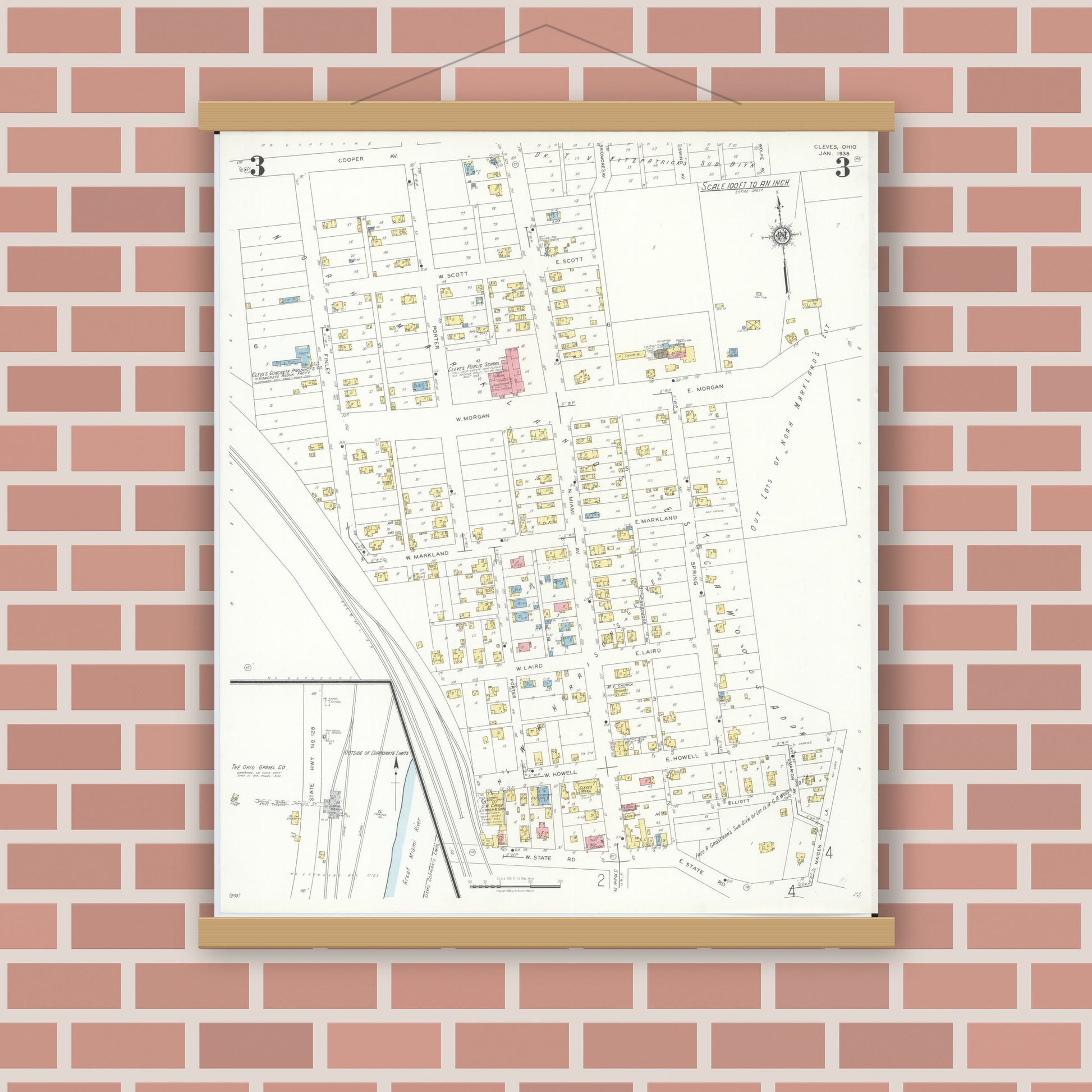 Old map wall art mockup — magnetic wood frame on brick wall — Sanborn Fire Insurance Map from Cleves, Hamilton County, Ohio (1938), Sheet #0003