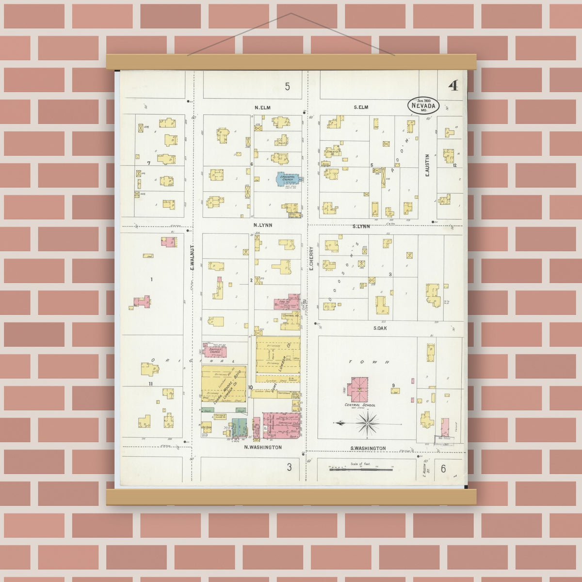 Old map wall art mockup — magnetic wood frame on brick wall — Sanborn Fire Insurance Map from Nevada, Vernon County, Missouri (1900), Sheet #0004