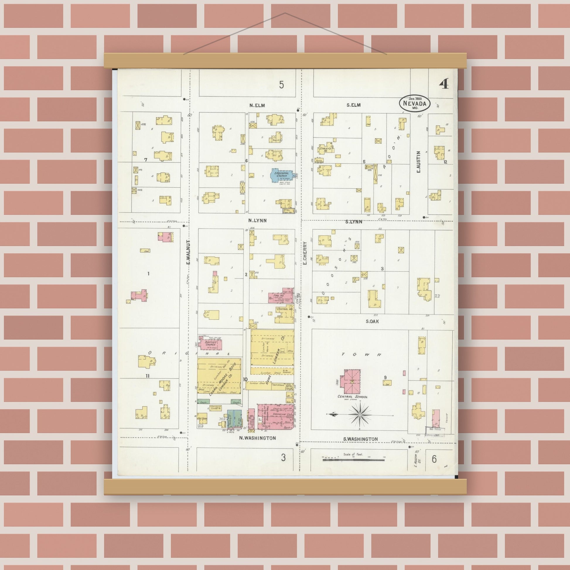 Old map wall art mockup — magnetic wood frame on brick wall — Sanborn Fire Insurance Map from Nevada, Vernon County, Missouri (1900), Sheet #0004