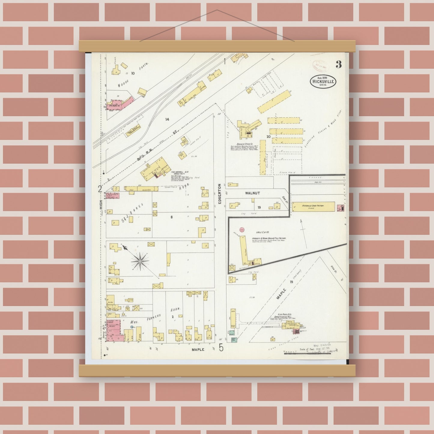 Old map wall art mockup — magnetic wood frame on brick wall — Sanborn Fire Insurance Map from Hicksville, Defiance County, Ohio (1899), Sheet #0003
