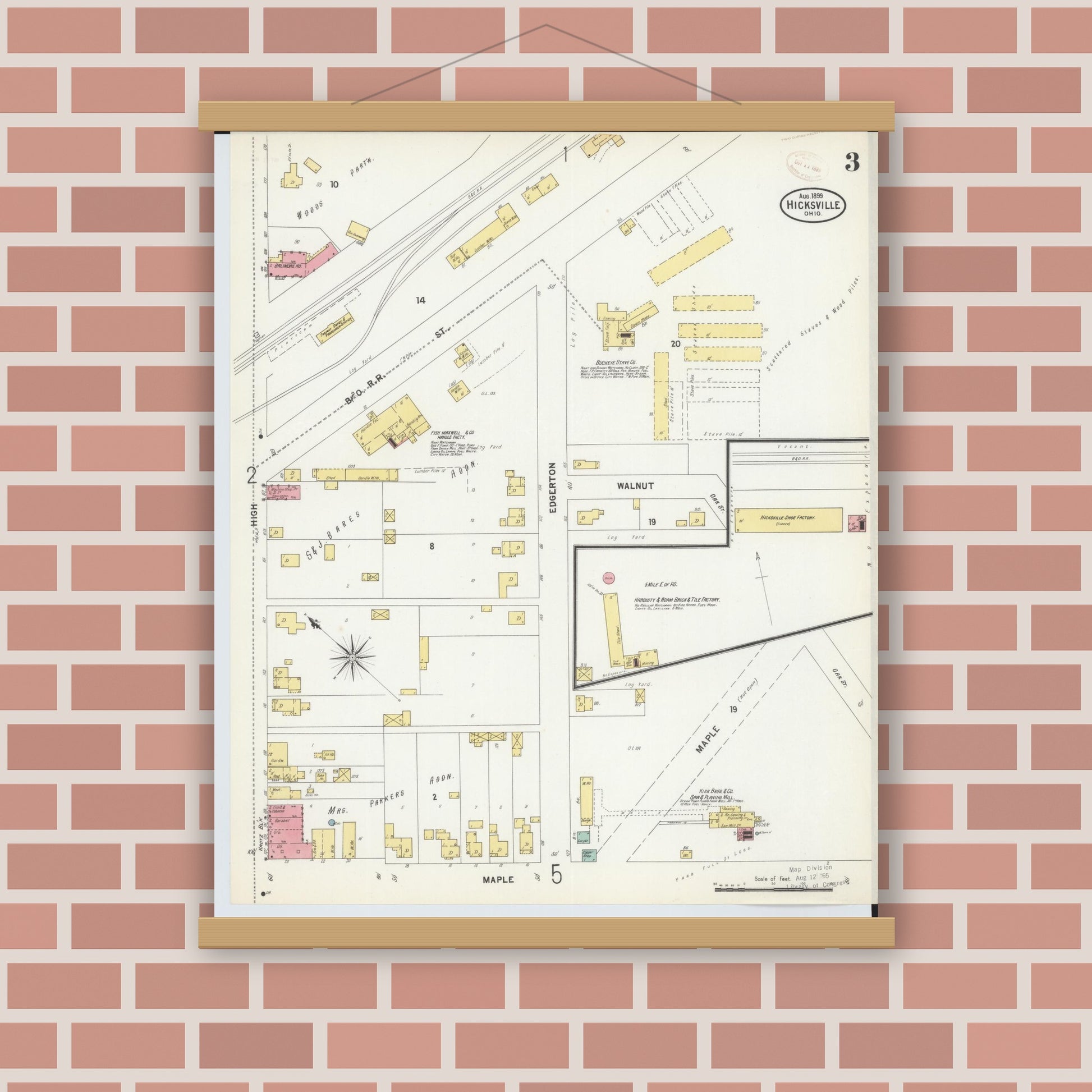 Old map wall art mockup — magnetic wood frame on brick wall — Sanborn Fire Insurance Map from Hicksville, Defiance County, Ohio (1899), Sheet #0003