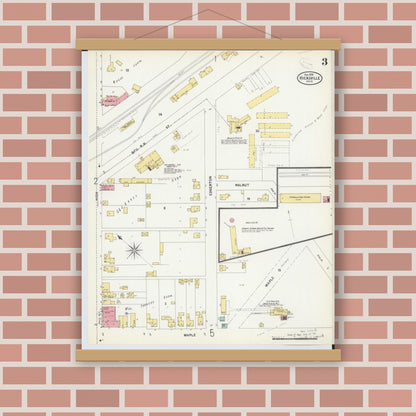Old map wall art mockup — magnetic wood frame on brick wall — Sanborn Fire Insurance Map from Hicksville, Defiance County, Ohio (1899), Sheet #0003