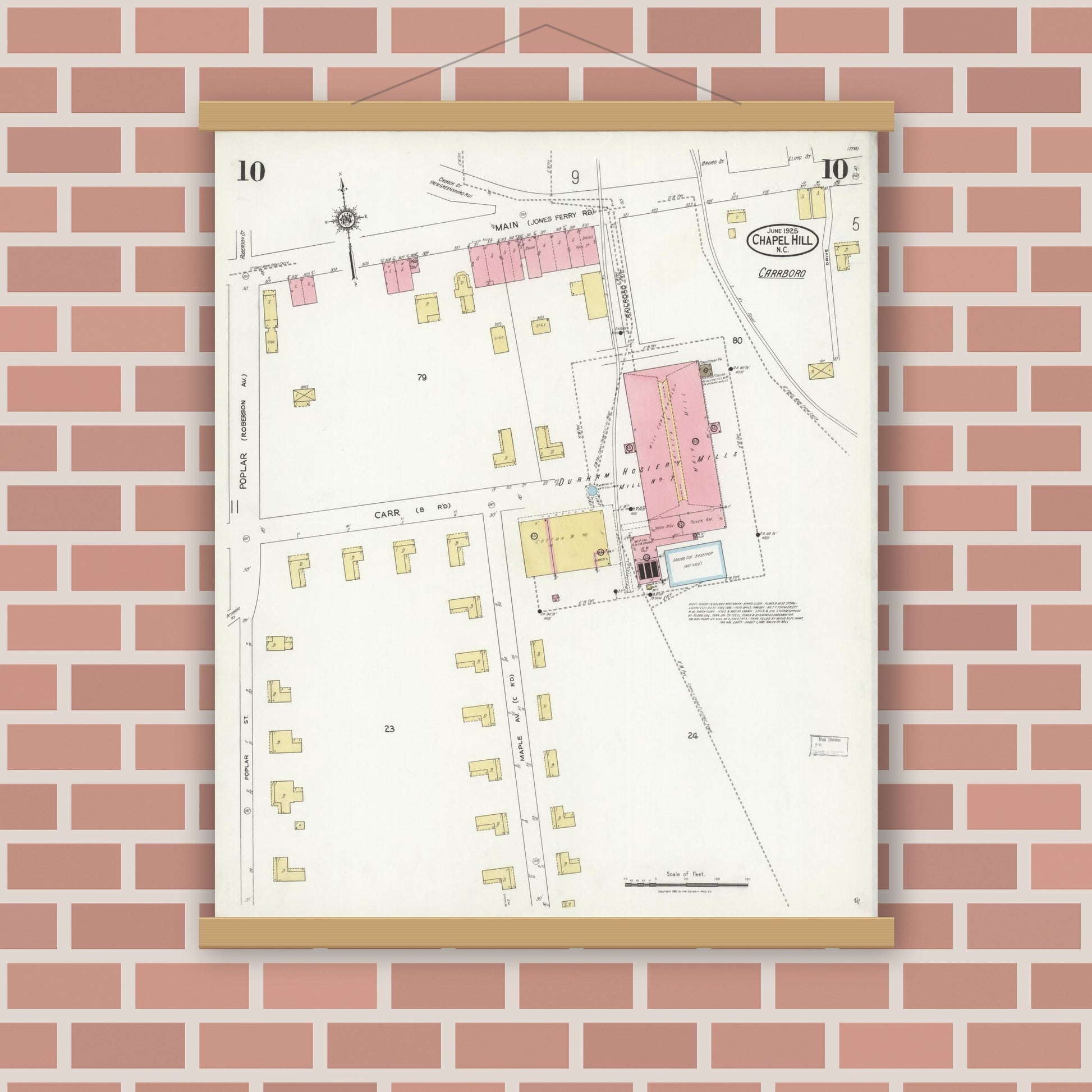 Old map wall art mockup — magnetic wood frame on brick wall — Sanborn Fire Insurance Map from Chapel Hill, Orange County, North Carolina (1925), Sheet #0010