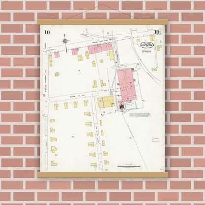 Old map wall art mockup — magnetic wood frame on brick wall — Sanborn Fire Insurance Map from Chapel Hill, Orange County, North Carolina (1925), Sheet #0010