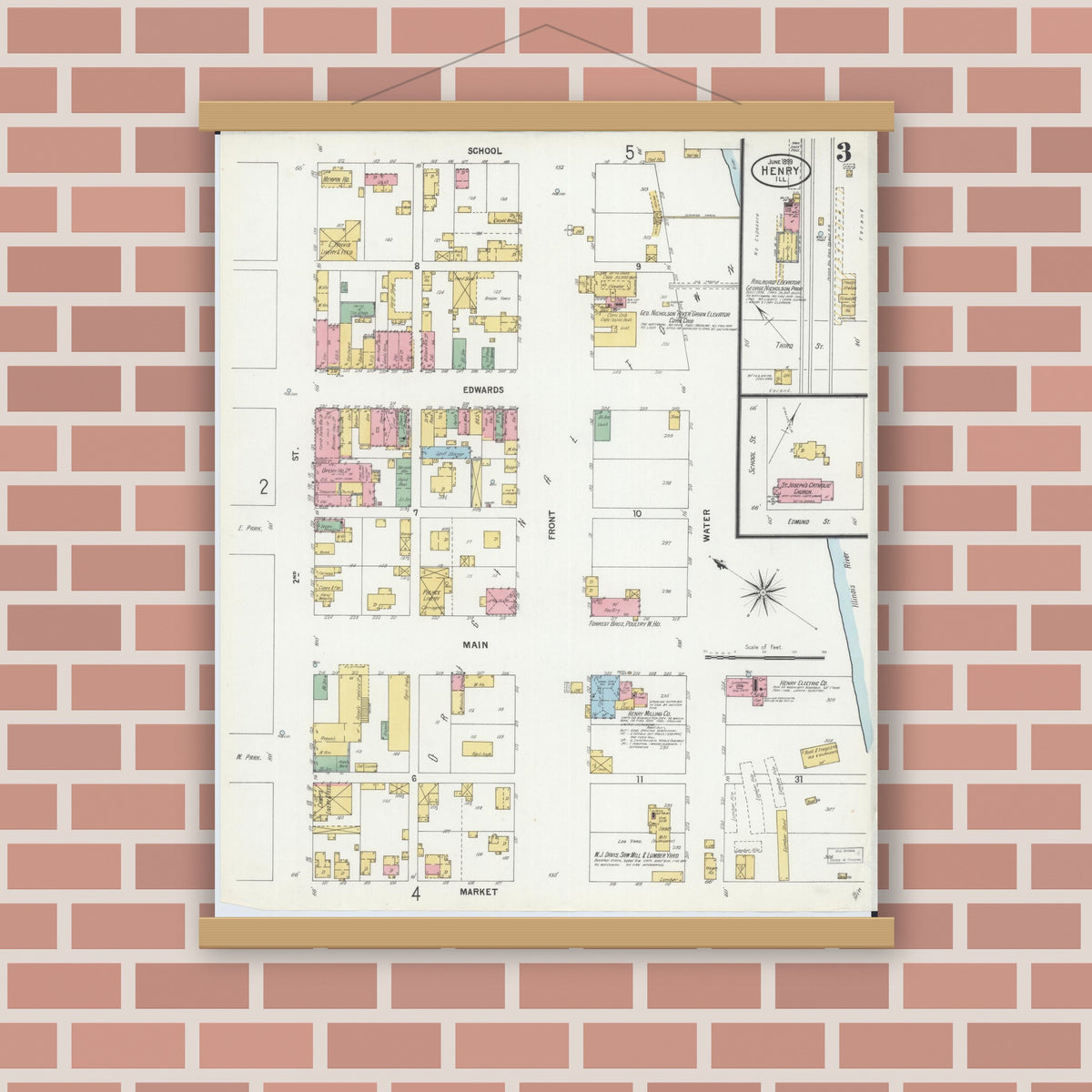 Old map wall art mockup — magnetic wood frame on brick wall — Sanborn Fire Insurance Map from Henry, Marshall County, Illinois (1899), Sheet #0003