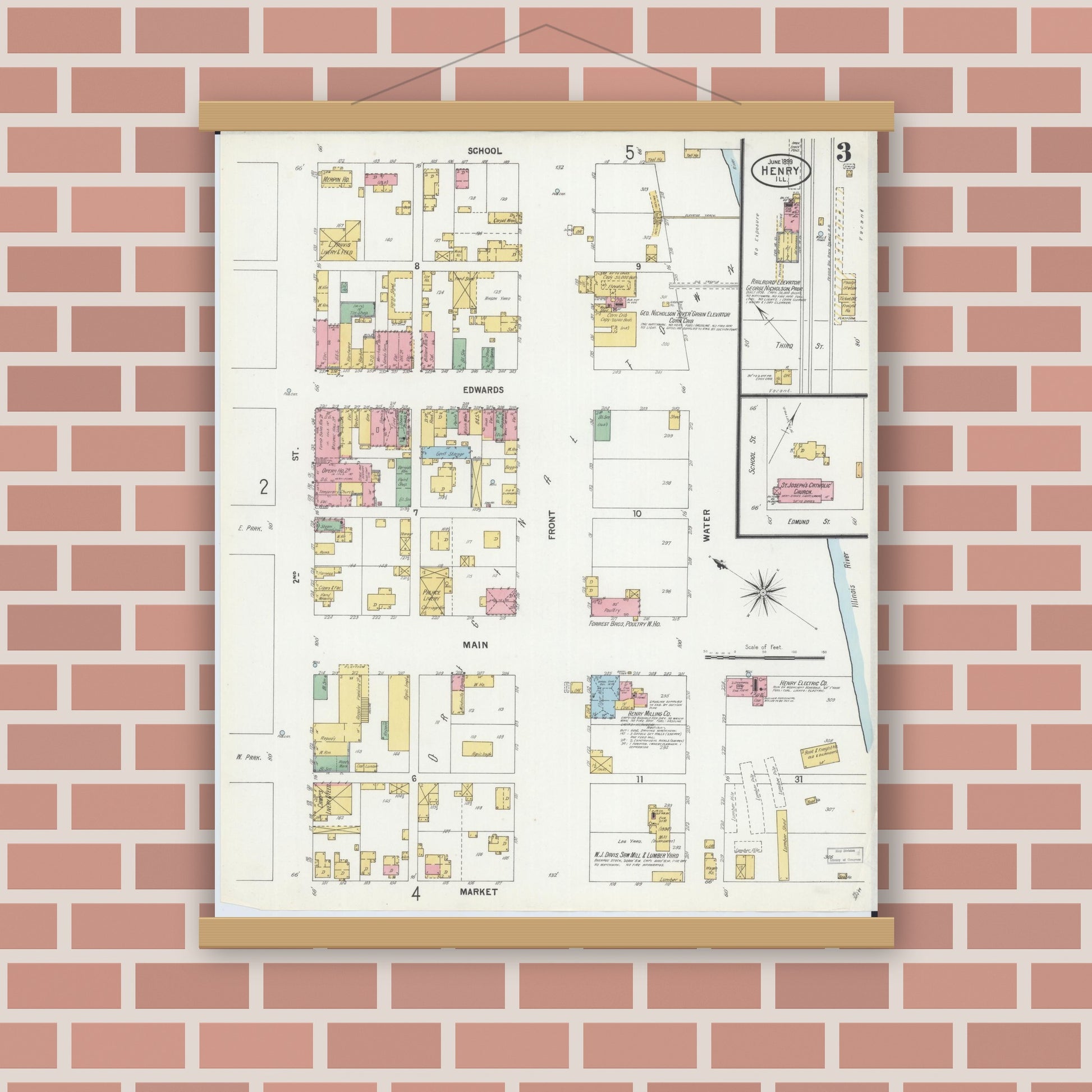 Old map wall art mockup — magnetic wood frame on brick wall — Sanborn Fire Insurance Map from Henry, Marshall County, Illinois (1899), Sheet #0003