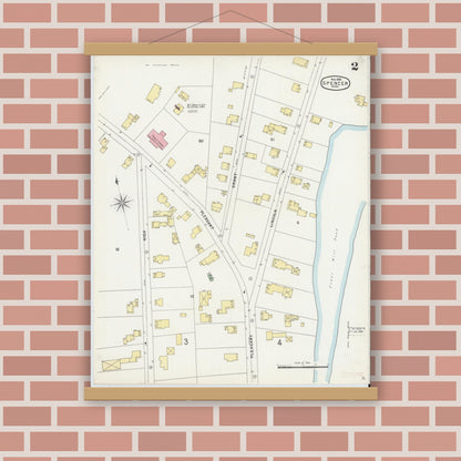 Old map wall art mockup — magnetic wood frame on brick wall — Sanborn Fire Insurance Map from Spencer, Worcester County, Massachusetts (1896), Sheet #0002