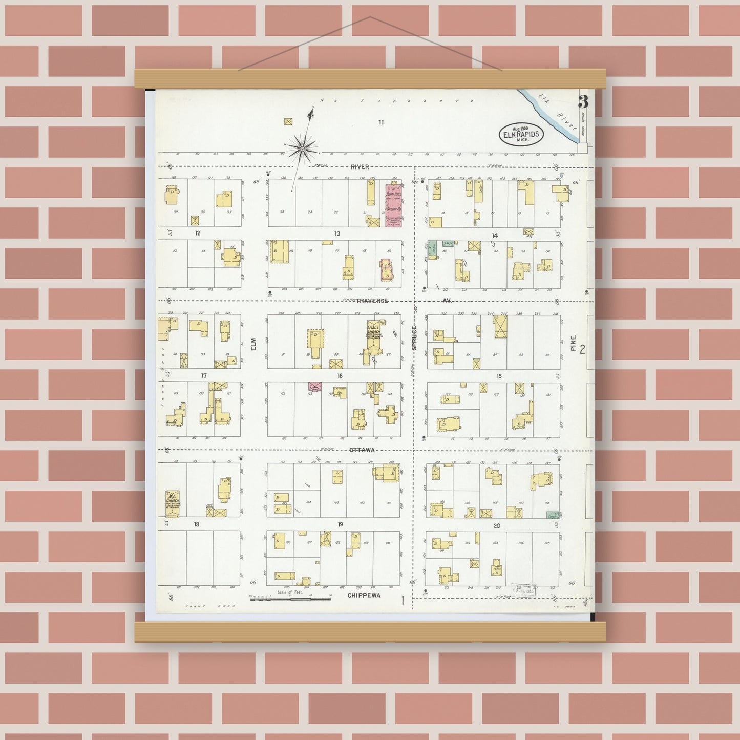 Old map wall art mockup — magnetic wood frame on brick wall — Sanborn Fire Insurance Map from Elk Rapids, Antrim County, Michigan (1900), Sheet #0003