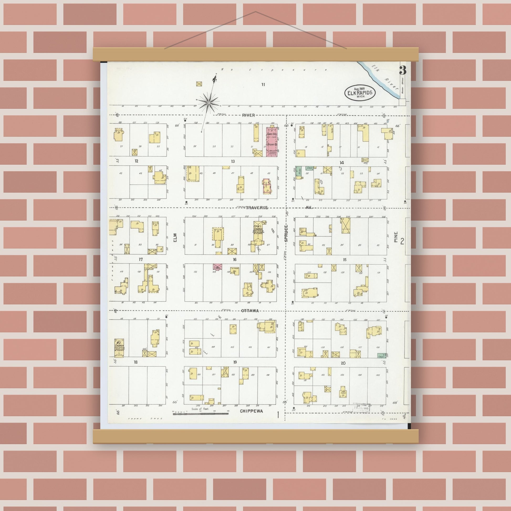 Old map wall art mockup — magnetic wood frame on brick wall — Sanborn Fire Insurance Map from Elk Rapids, Antrim County, Michigan (1900), Sheet #0003
