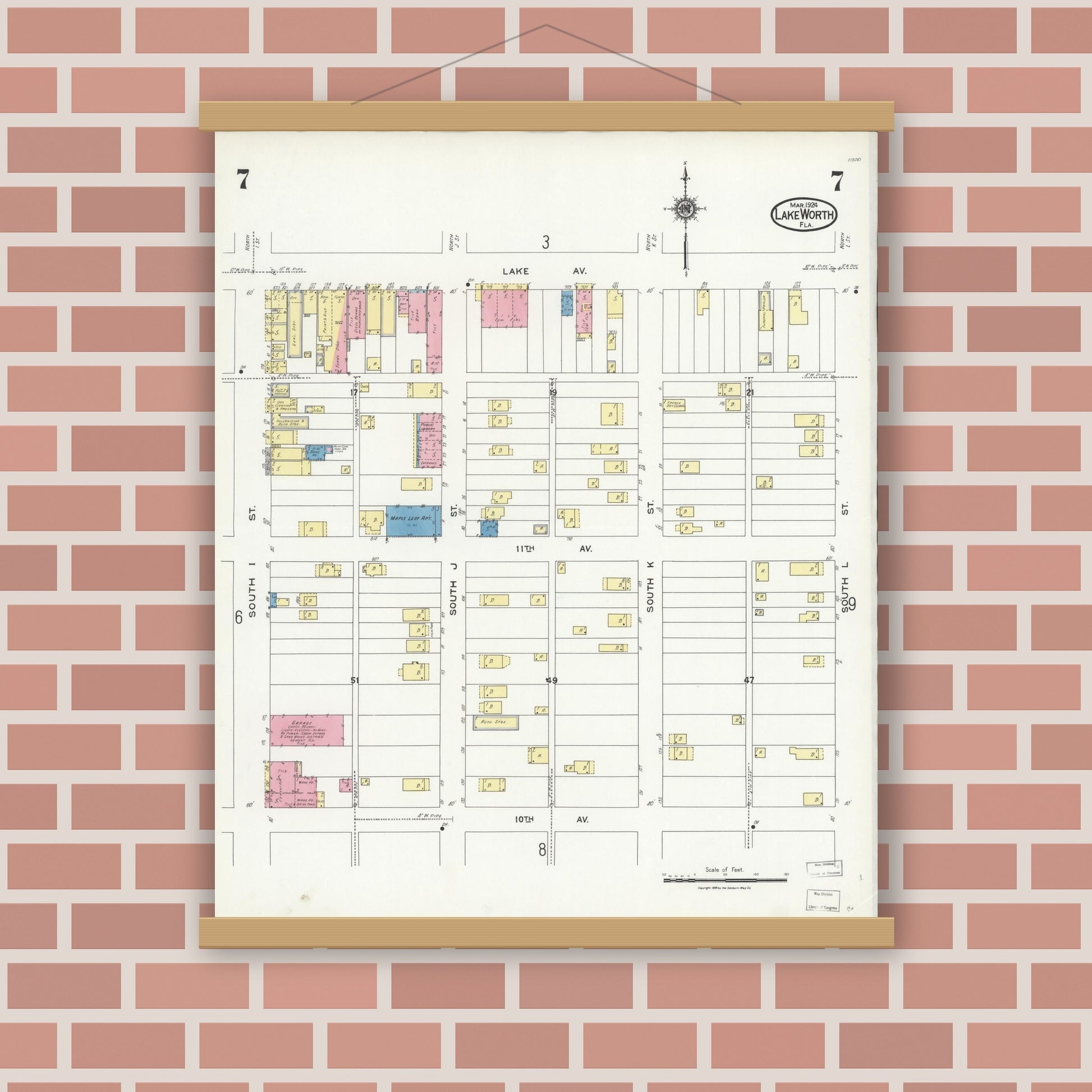Old map wall art mockup — magnetic wood frame on brick wall — Sanborn Fire Insurance Map from Lake Worth, Palm Beach County, Florida (1924), Sheet #0007