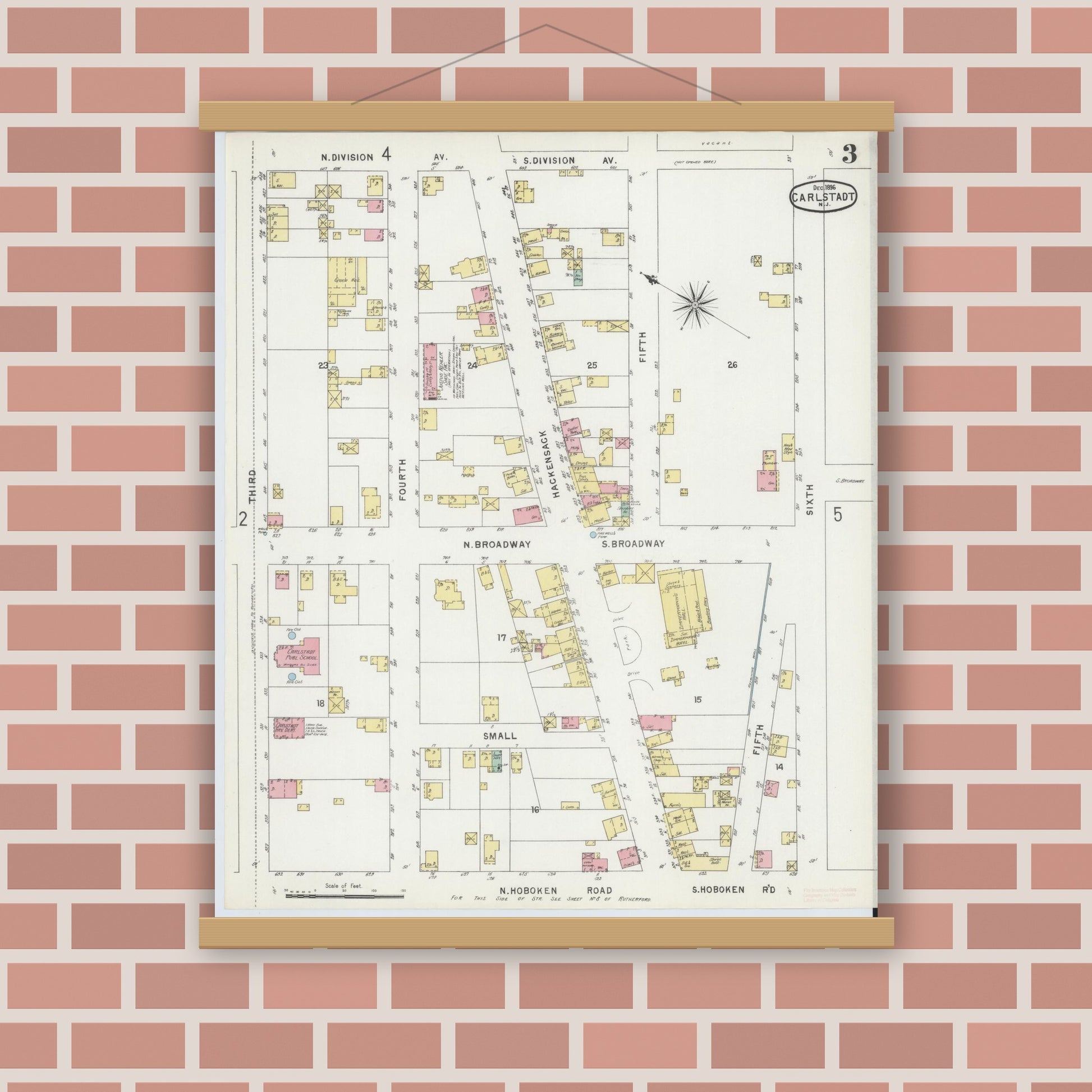 Old map wall art mockup — magnetic wood frame on brick wall — Sanborn Fire Insurance Map from Carlstadt, Bergen County, New Jersey (1896), Sheet #0003