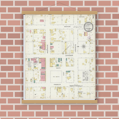 Old map wall art mockup — magnetic wood frame on brick wall — Sanborn Fire Insurance Map from Clayton, Adams County, Illinois (1893) - Complete Map Set