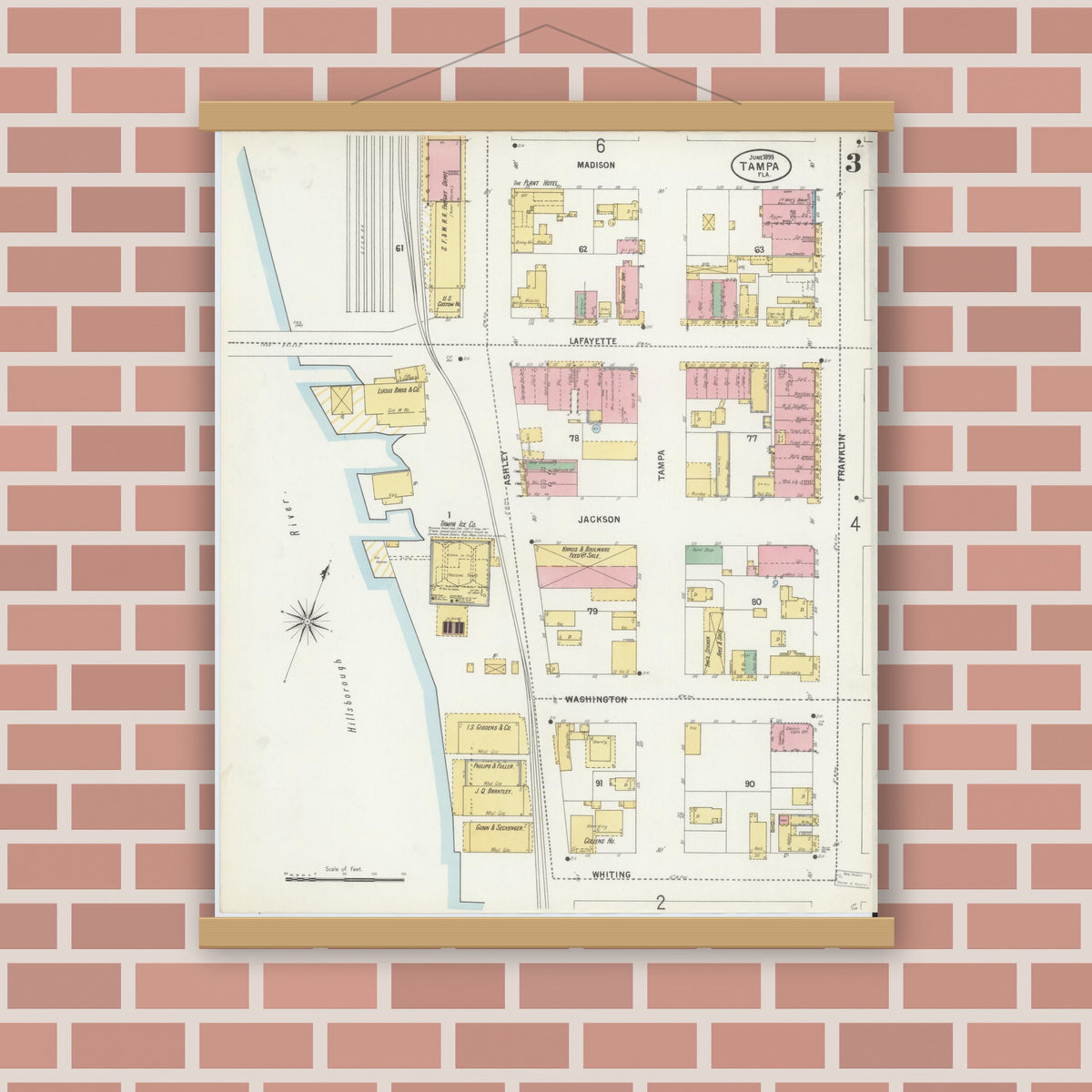 Old map wall art mockup — magnetic wood frame on brick wall — Sanborn Fire Insurance Map from Tampa, Hillsborough County, Florida (1899), Sheet #0003