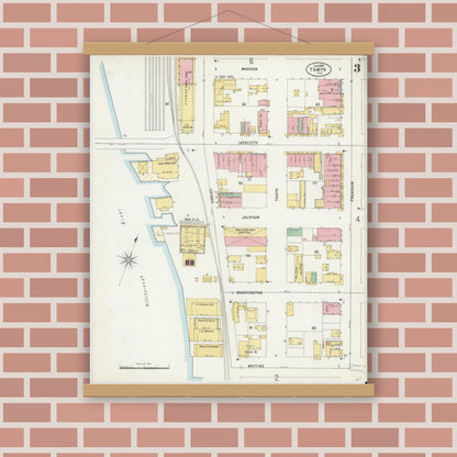 Old map wall art mockup — magnetic wood frame on brick wall — Sanborn Fire Insurance Map from Tampa, Hillsborough County, Florida (1899), Sheet #0003