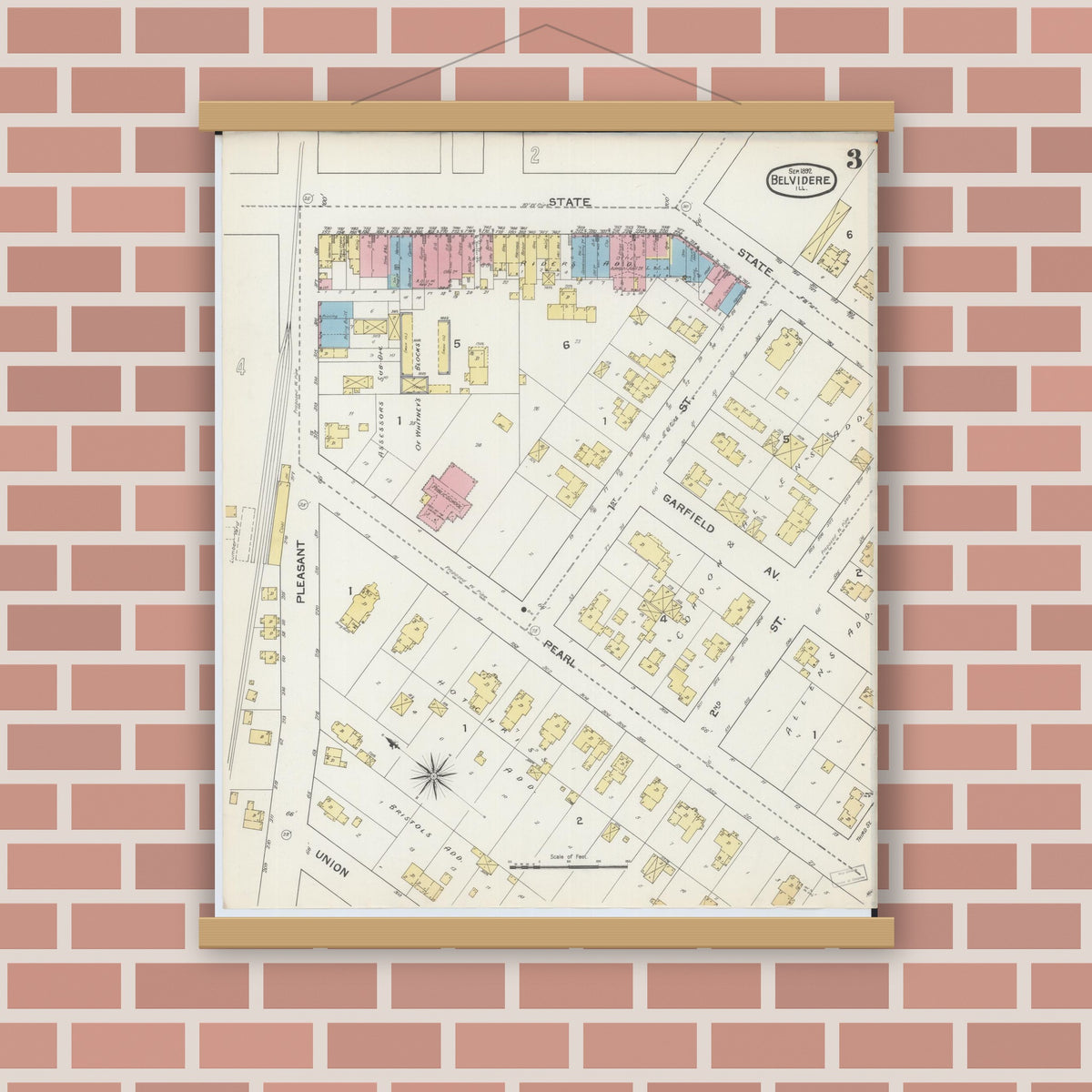 Old map wall art mockup — magnetic wood frame on brick wall — Sanborn Fire Insurance Map from Belvidere, Boone County, Illinois (1892), Sheet #0003