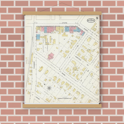 Old map wall art mockup — magnetic wood frame on brick wall — Sanborn Fire Insurance Map from Belvidere, Boone County, Illinois (1892), Sheet #0003