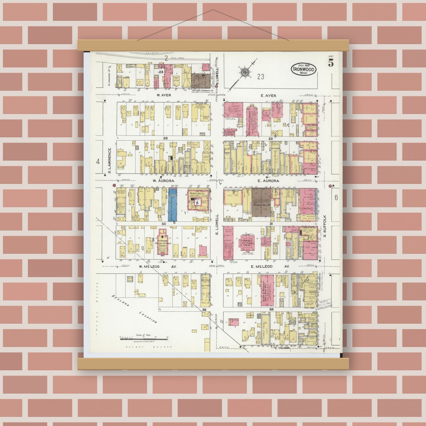 Old map wall art mockup — magnetic wood frame on brick wall — Sanborn Fire Insurance Map from Ironwood, Gogebic County, Michigan (1921), Sheet #0005