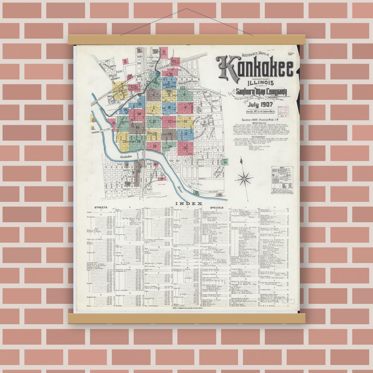 Old map wall art mockup — magnetic wood frame on brick wall — Sanborn Fire Insurance Map from Kankakee, Kankakee County, Illinois (1907) - Complete Map Set