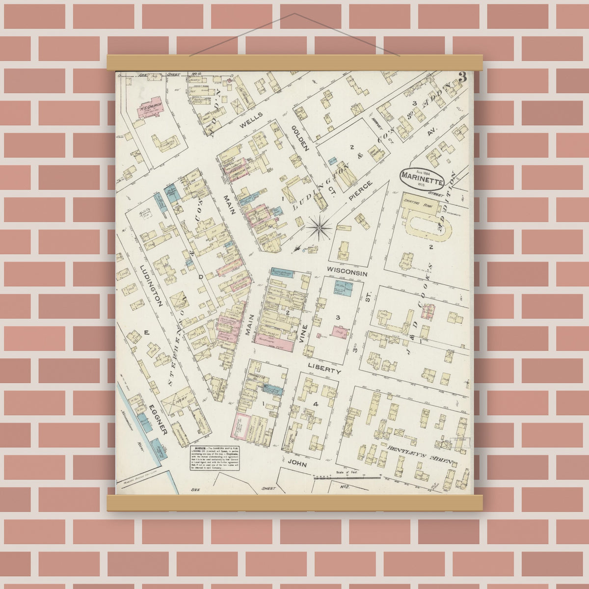 Old map wall art mockup — magnetic wood frame on brick wall — Sanborn Fire Insurance Map from Marinette, Marinette County, Wisconsin (1884), Sheet #0003