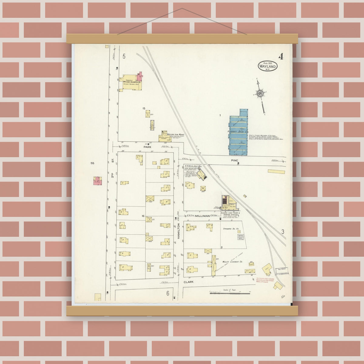Old map wall art mockup — magnetic wood frame on brick wall — Sanborn Fire Insurance Map from Wayland, Steuben County, New York (1913), Sheet #0004