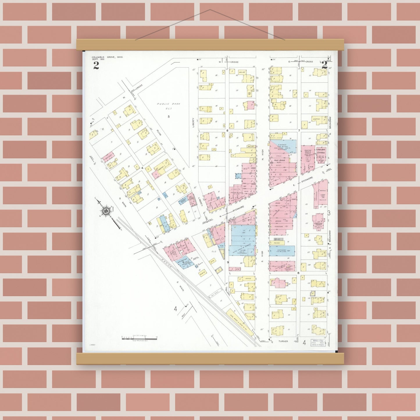 Old map wall art mockup — magnetic wood frame on brick wall — Sanborn Fire Insurance Map from Columbus Grove, Putnam County, Ohio (1951), Sheet #0002