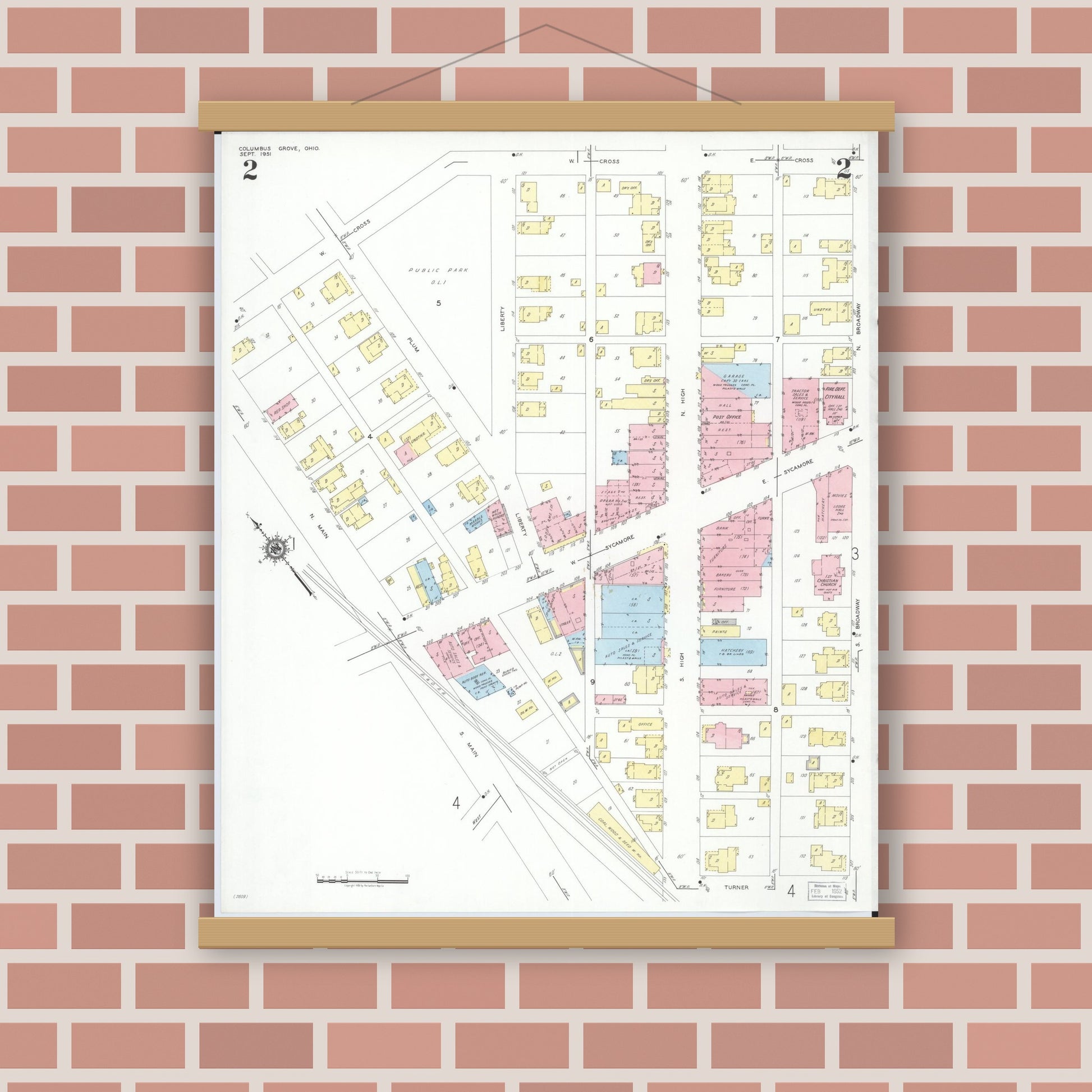 Old map wall art mockup — magnetic wood frame on brick wall — Sanborn Fire Insurance Map from Columbus Grove, Putnam County, Ohio (1951), Sheet #0002