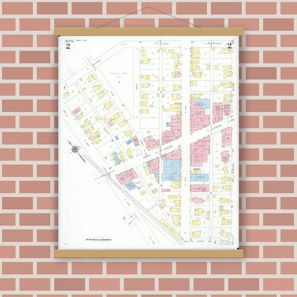 Old map wall art mockup — magnetic wood frame on brick wall — Sanborn Fire Insurance Map from Columbus Grove, Putnam County, Ohio (1951), Sheet #0002