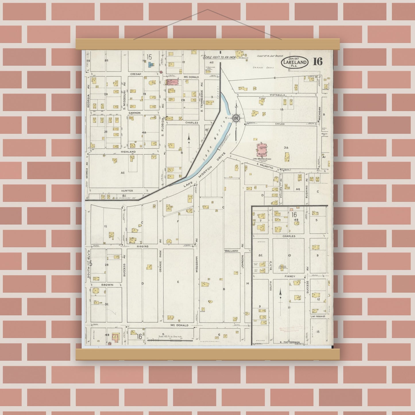 Old map wall art mockup — magnetic wood frame on brick wall — Sanborn Fire Insurance Map from Lakeland, Polk County, Florida (1917), Sheet #0016