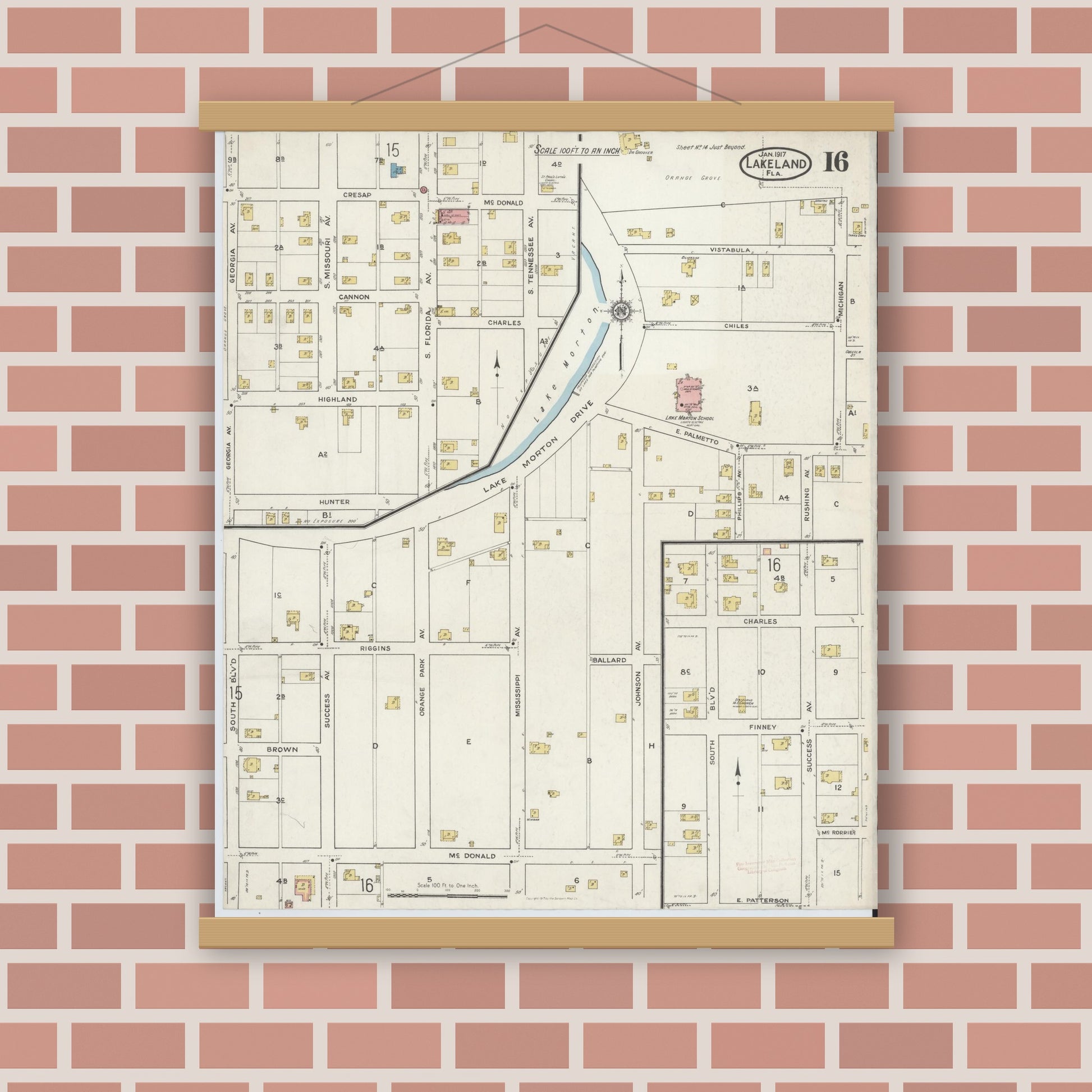 Old map wall art mockup — magnetic wood frame on brick wall — Sanborn Fire Insurance Map from Lakeland, Polk County, Florida (1917), Sheet #0016