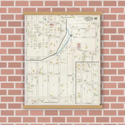 Old map wall art mockup — magnetic wood frame on brick wall — Sanborn Fire Insurance Map from Lakeland, Polk County, Florida (1917), Sheet #0016