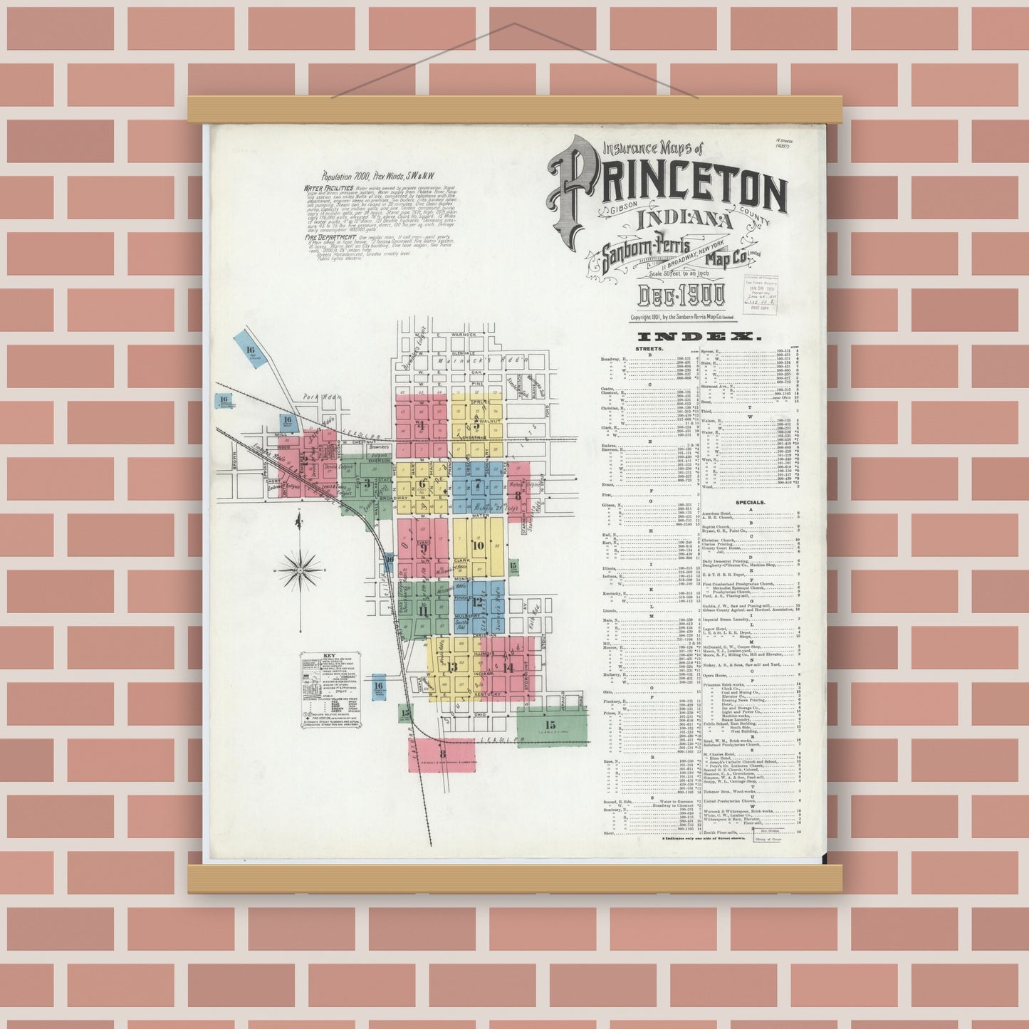 Old map wall art mockup — magnetic wood frame on brick wall — Sanborn Fire Insurance Map from Princeton, Gibson County, Indiana (1900), Sheet #0001