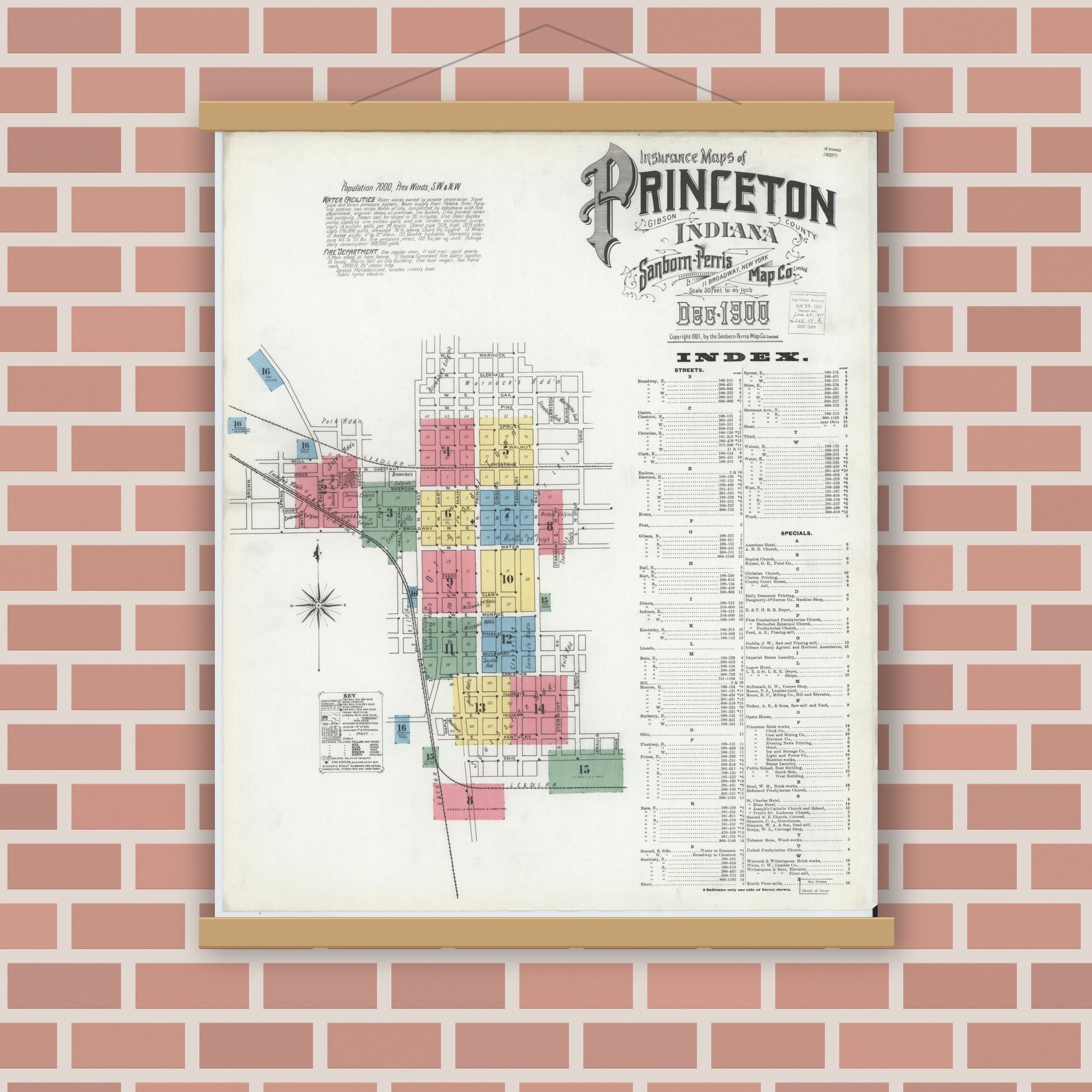 Old map wall art mockup — magnetic wood frame on brick wall — Sanborn Fire Insurance Map from Princeton, Gibson County, Indiana (1900), Sheet #0001