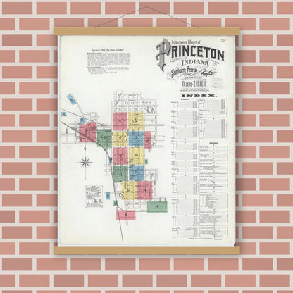 Old map wall art mockup — magnetic wood frame on brick wall — Sanborn Fire Insurance Map from Princeton, Gibson County, Indiana (1900), Sheet #0001
