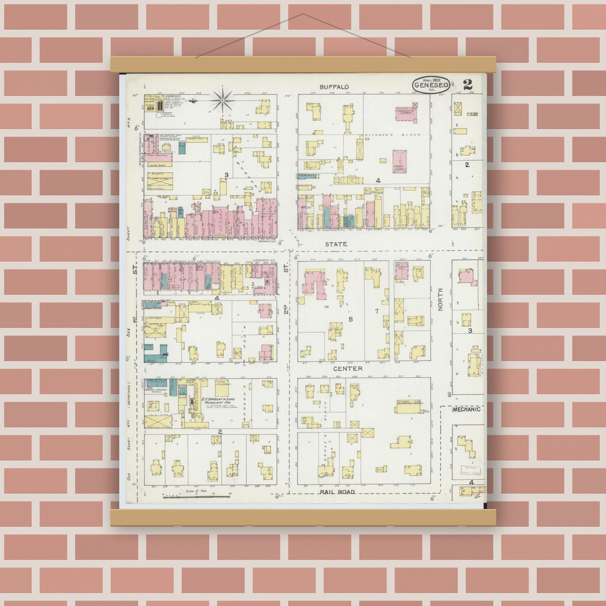 Old map wall art mockup — magnetic wood frame on brick wall — Sanborn Fire Insurance Map from Geneseo, Henry County, Illinois (1892), Sheet #0002