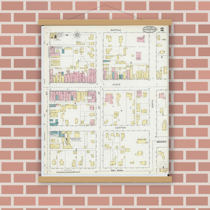 Old map wall art mockup — magnetic wood frame on brick wall — Sanborn Fire Insurance Map from Geneseo, Henry County, Illinois (1892), Sheet #0002