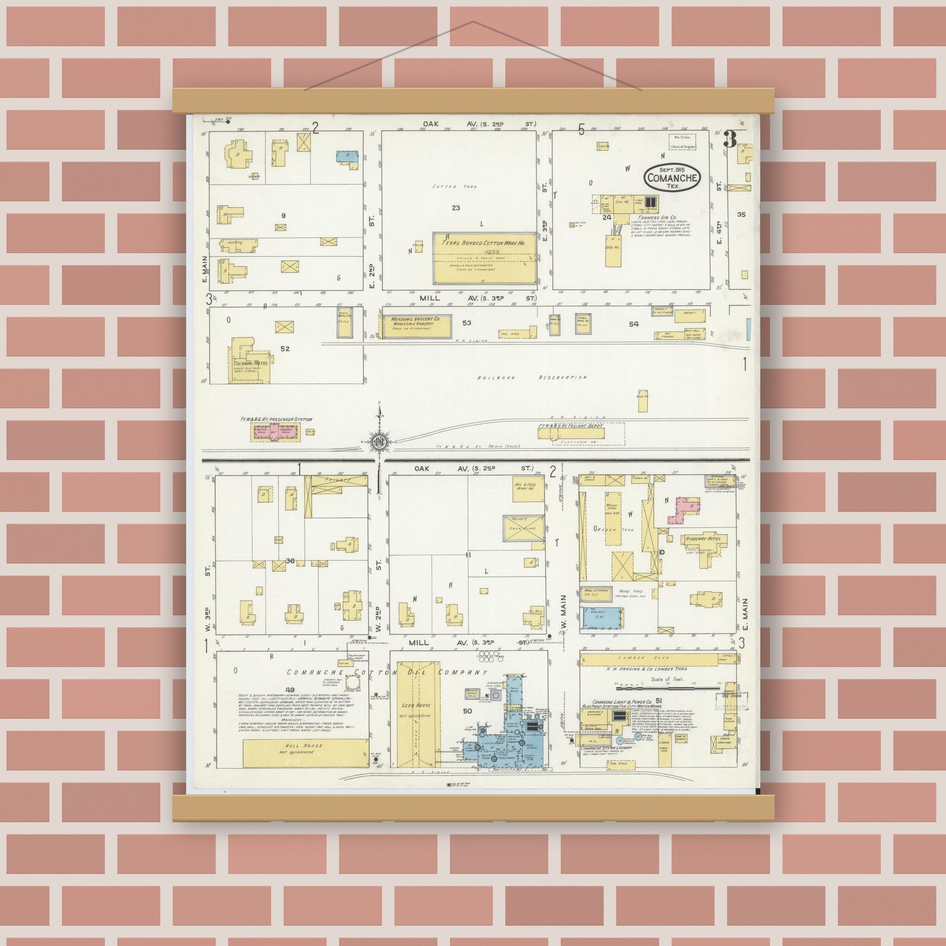 Old map wall art mockup — magnetic wood frame on brick wall — Sanborn Fire Insurance Map from Comanche, Comanche County, Texas (1915), Sheet #0003